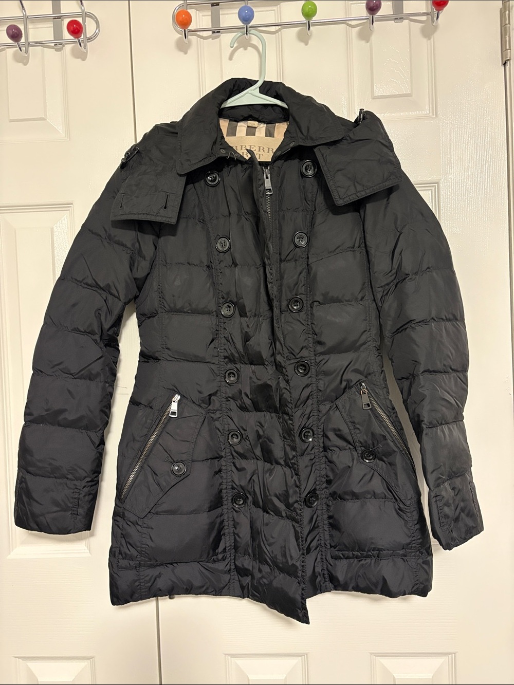 Burberry Women’s Black Quilted Double-Breasted Puffer Jacket Size SP